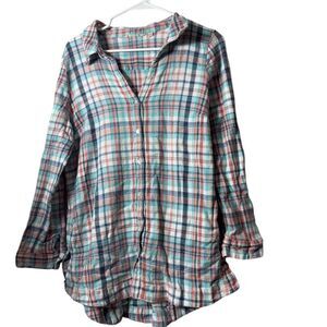 Soft Surroundings Women's L 100% Cotton Plaid Tunic Shirt Multicolor Long Sleeve